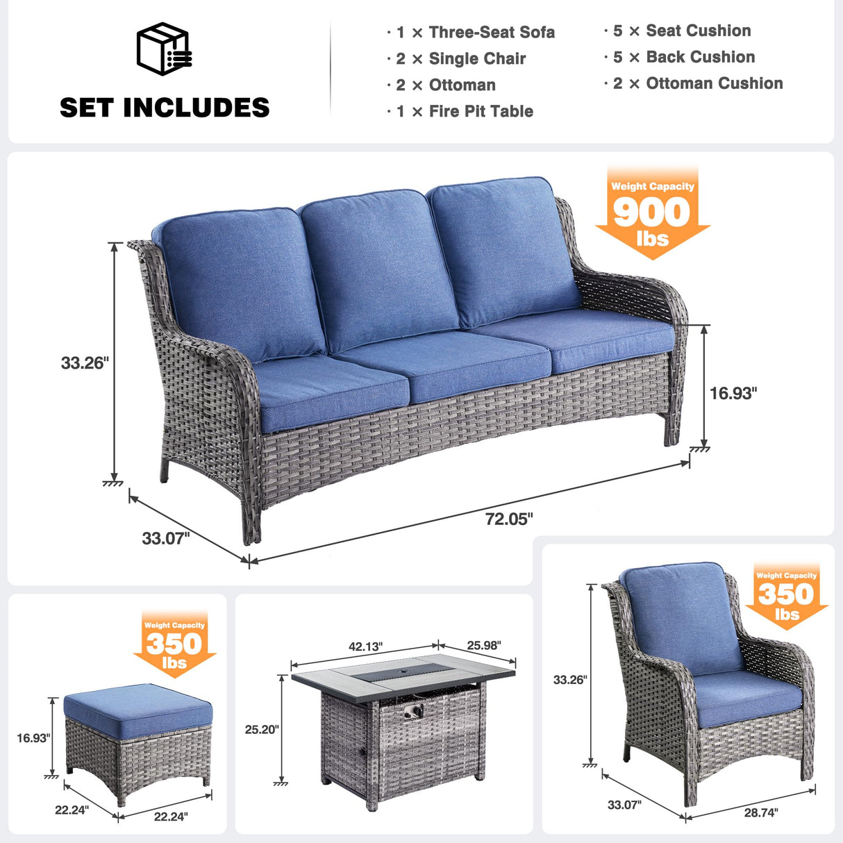 ovios Patio Furniture Sets 6 Pieces All Weather PE Wicker Rattan Outdoor Sectional Sofa Couch Conversation Set with Rectangle Fire Pit Table and Ottomans for Yard Porch, Grey Wicker Denim Blue ovios