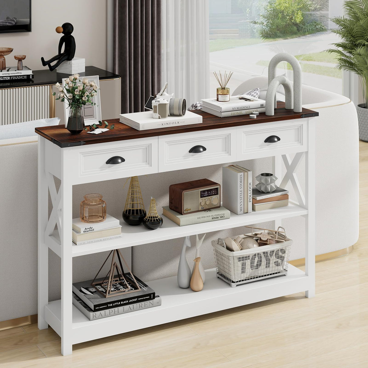 Vabches Sofa Table with 3 Drawers, Farmhouse Narrow Wood Accent Console Table Entryway Table with Storage Shelf for Entryway, Living Room, Foyer, Unique Design, White Vabches