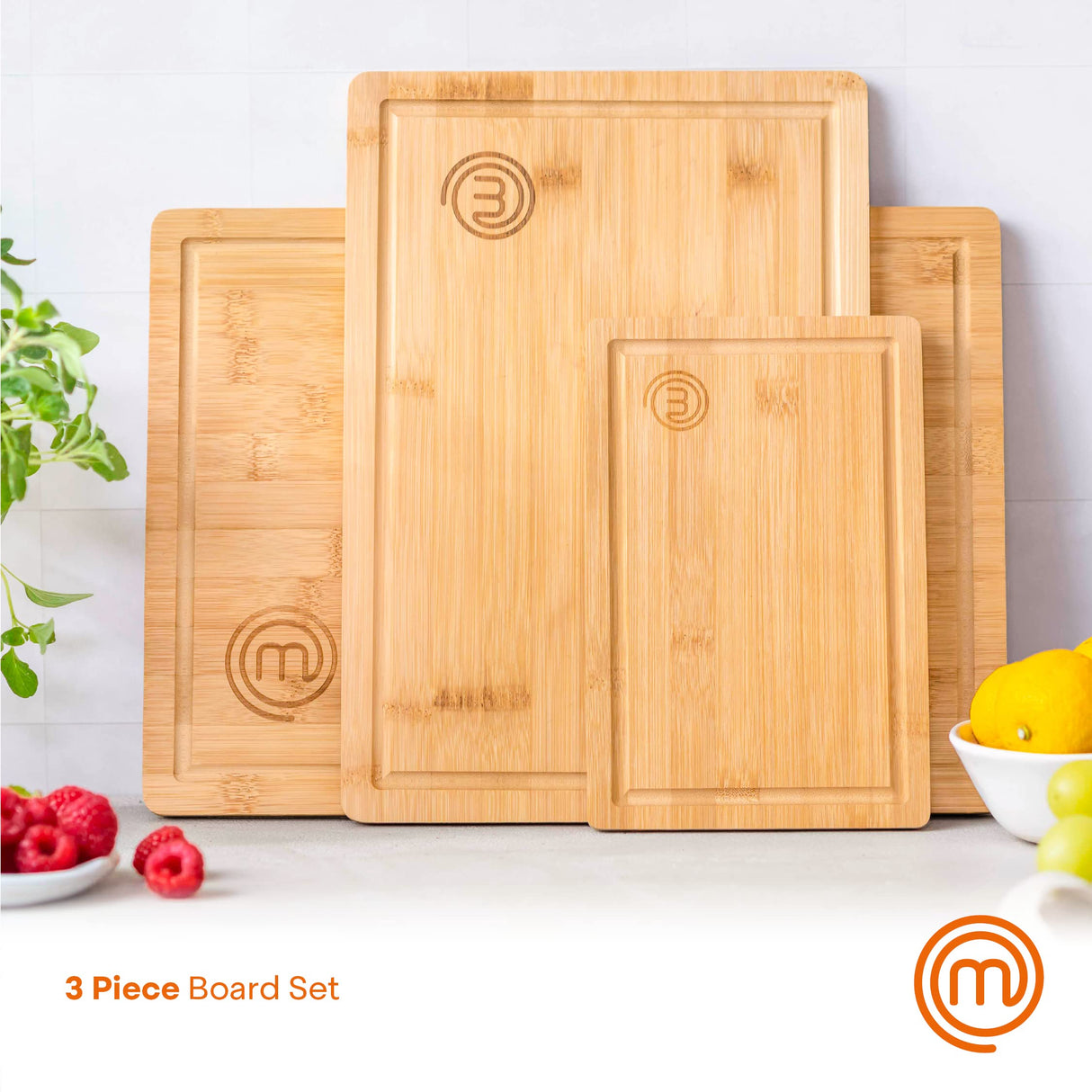 MasterChef Cutting Boards for Kitchen, Bamboo Chopping Board Set of 3, Organic Food Safe Surfaces for Preparing & Serving Meat, Cheese etc, Large, MasterChef