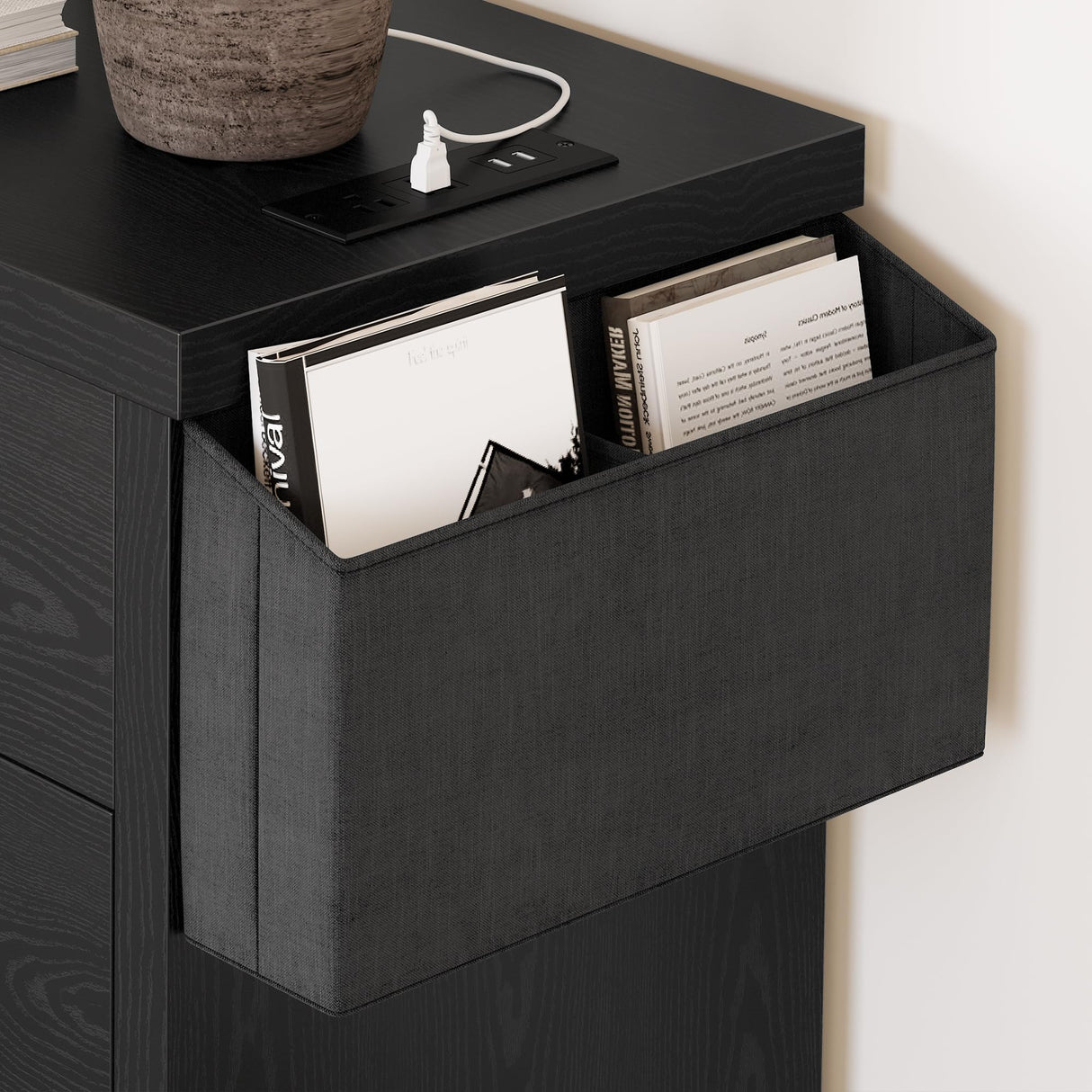 LIKIMIO Dresser 8 Drawer with Charging Station and Storage Bag, Wood Storage Chest of Drawers for Bedroom Living Room Hallway Entryway, Black LIKIMIO