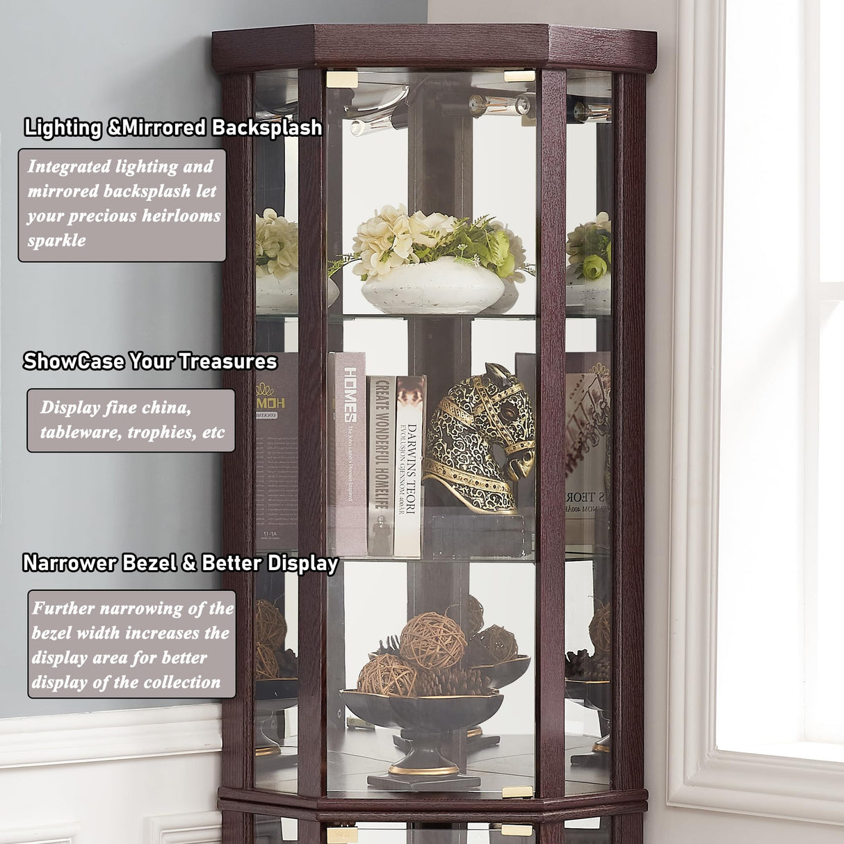 XZTUAJ 69" H Lighted Curio Cabinet Corner Display Case, Corner Glass Cabinet with Adjustable Shelves and Tempered Glass, Wooden Corner Curio Cabinet w/Mirrored Back Pane for Living Room (Dark Cherry) XZTUAJ