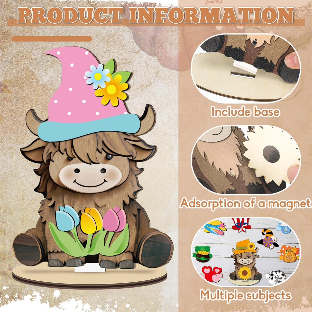 Menkxi Interchangeable Highland Cow Decor Seasonal Wooden Signs Farmhouse Table Centerpiece with Holiday Icon Rustic Cow Tiered Tray Decor Halloween Fall Decorations for Home Office Desk Gift Menkxi