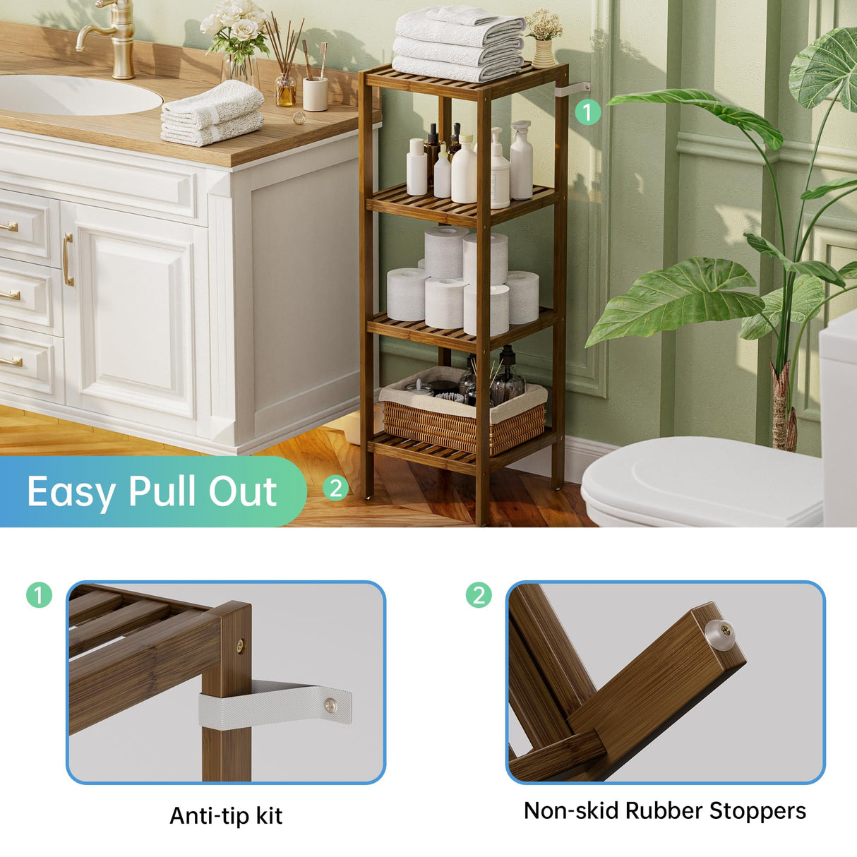 SMIBUY Bathroom Storage Shelf, 4-Tier Bamboo Rack Organizer, Multifunctional Shelving Unit for Living Room Bedroom Kitchen (Walnut) SMIBUY