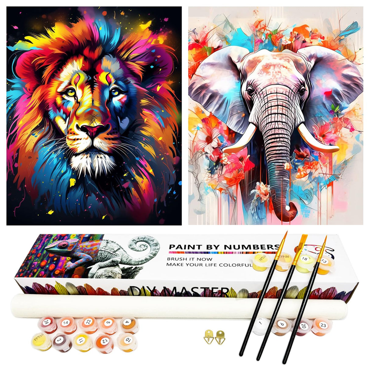 ZXQL 2 Pack Elephant Paint by Numbers Kit for Adults Beginners, 16" W x 20 L Tiger Paint by Numbers for Adults Rolled up Canvas for Painting Home Decor Creative Wall Art with Nice Gift Box ZXQL