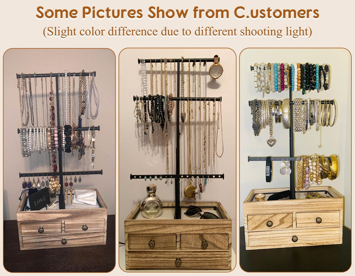 X-cosrack Jewelry Tree Stand Organizer 3 Tier Metal Jewelry Holder Stand with Wood Basic Storage Box, Adjustable Height Holder Display for Necklaces Earrings Bracelets and Rings, Carbonized Black X-cosrack