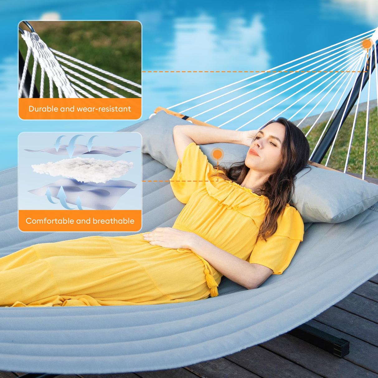 Everyfun Double Hammock with Spreader Bar,Soft Pillow,Max Load 500lbs,Portable Hammock for Outdoor,Camping,and Backyard,Dark Gray Everyfun