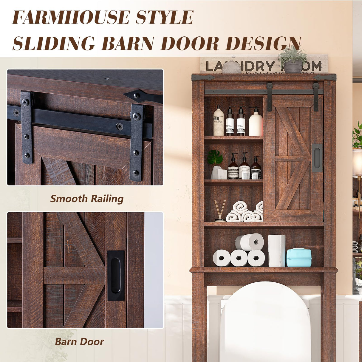 LUXOAK Farmhouse Over The Toilet Storage Cabinet, 68" Tall Bathroom Storage Cabinet with Sliding Barn Door & Adjustable Shelves, Above Toilet Storage for Bathroom, Laundry Room, Reclaimed Barnwood LUXOAK