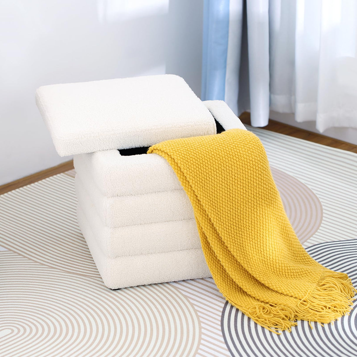 OuchTek Teddy Square Ottoman White Small Storage Ottoman Cube Ottoman for Living Room Sherpa Foot Stool Boucle Vanity Stool with Storage OuchTek