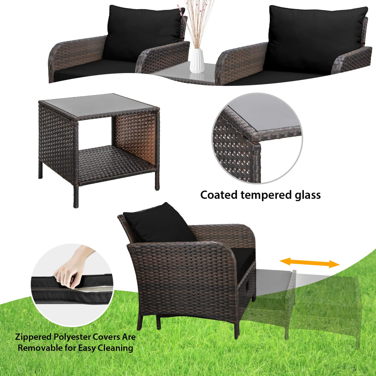 LEVELEVE Balcony Furniture 5 Piece Patio Conversation Set, PE Wicker Rattan Outdoor Lounge Chairs with Soft Cushions 2 Ottoman&Glass Table for Porch, Lawn-Brown Wicker LEVELEVE