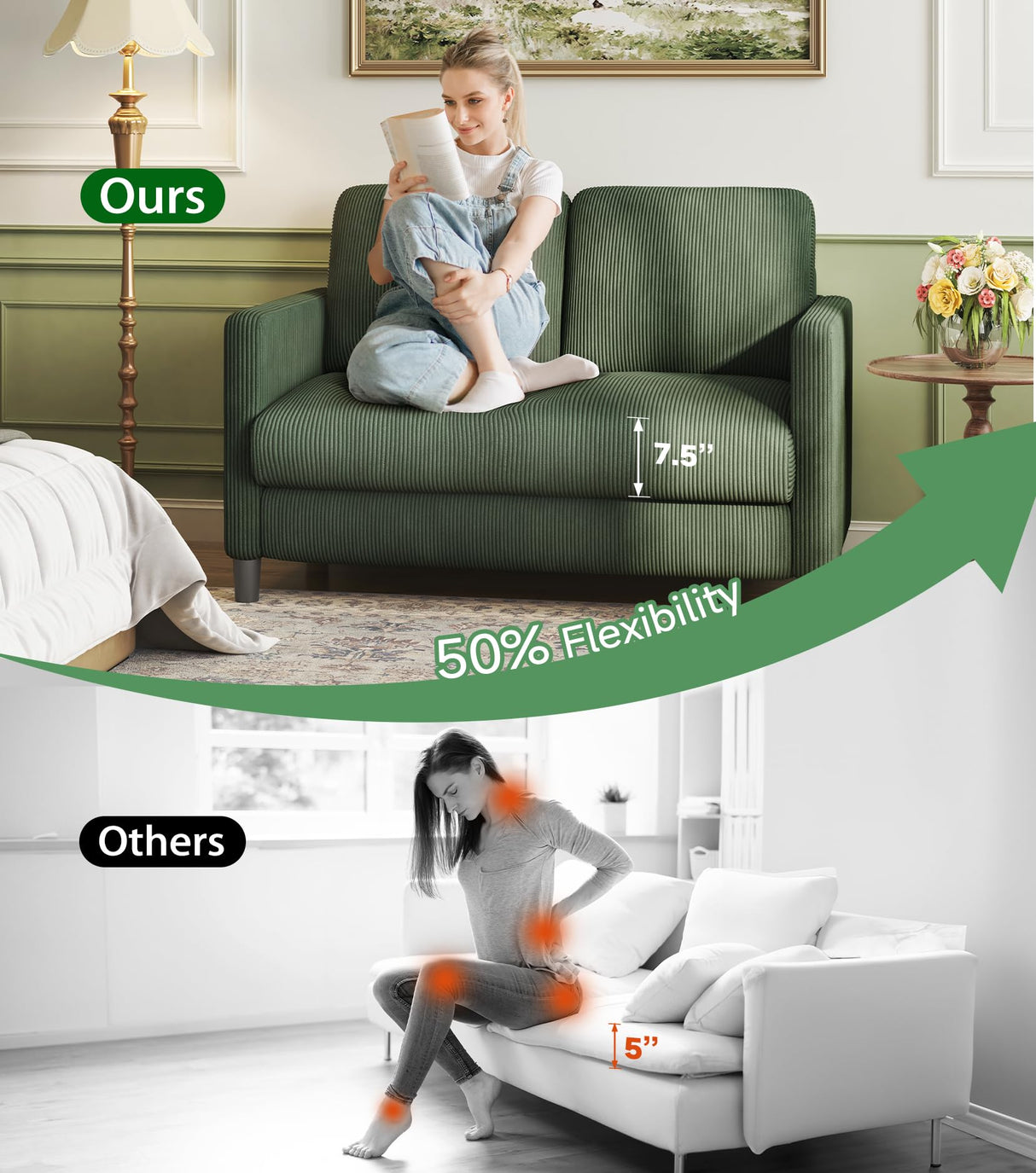 Welzona Loveseat Sofa, 51" Love Seat, Comfy Corduroy Small Loveseat for Small Spaces, Tool-Free Setup Couch for Bedroom, All-Wood Couches for Living Room, No Pillow Included, Green Welzona