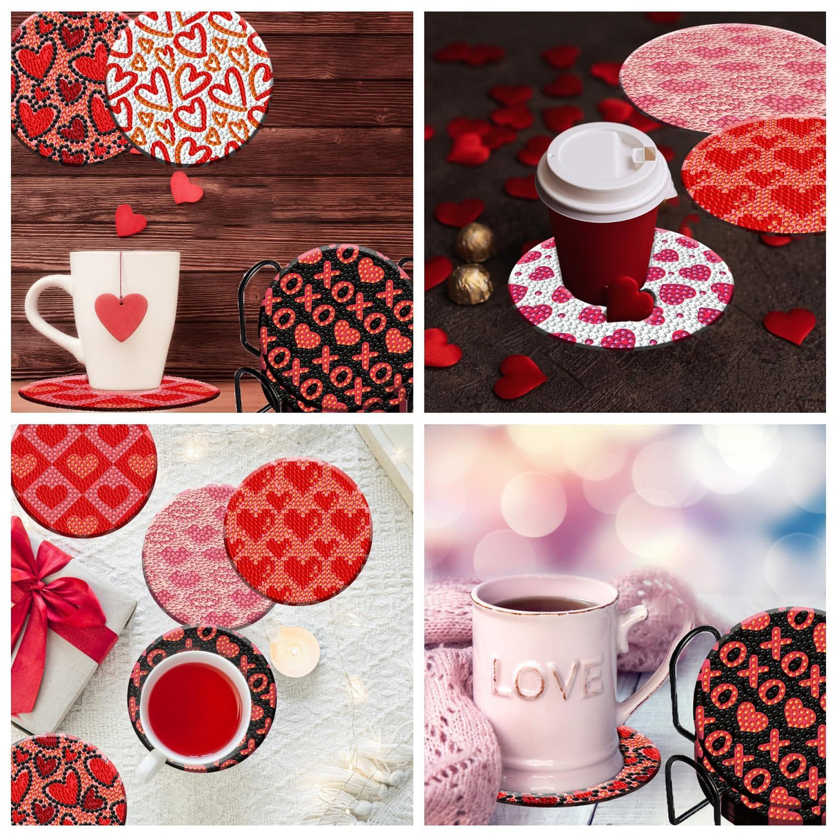 8 Pieces Heart Diamond Coasters Kits with Holder DIY Heart Diamond Art Coaster Coaster for Adults Diamond Kits Supplies for Valentine's Day Gift Demonwer