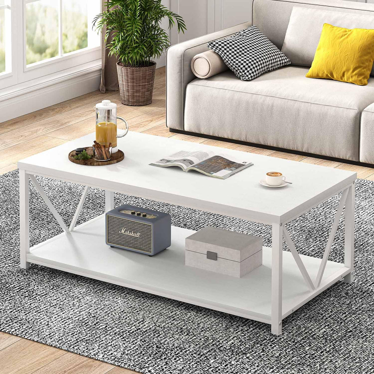 EXCEFUR White Coffee Table with Storage Shelf, Modern Rustic Wood and Metal Center Table for Living Room, 47 Inch EXCEFUR