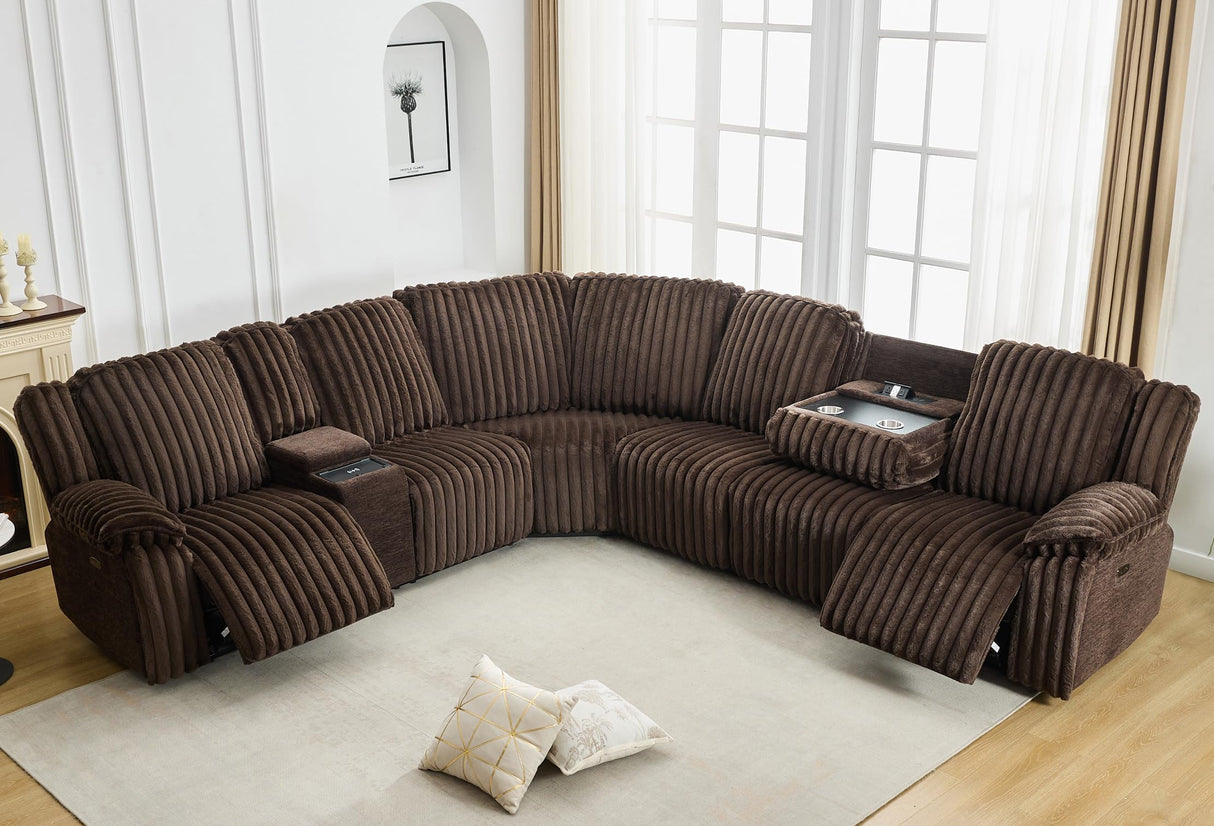 Power Electric Reclining Sectional Sofa with Wireless Charger for Living Room, Plush Faux Fur Sectional Couch with Recliner, 6 Seaters Comfy Recliner Corner Sectionals Sets with Cup Holders, Brown Comfort Stretch
