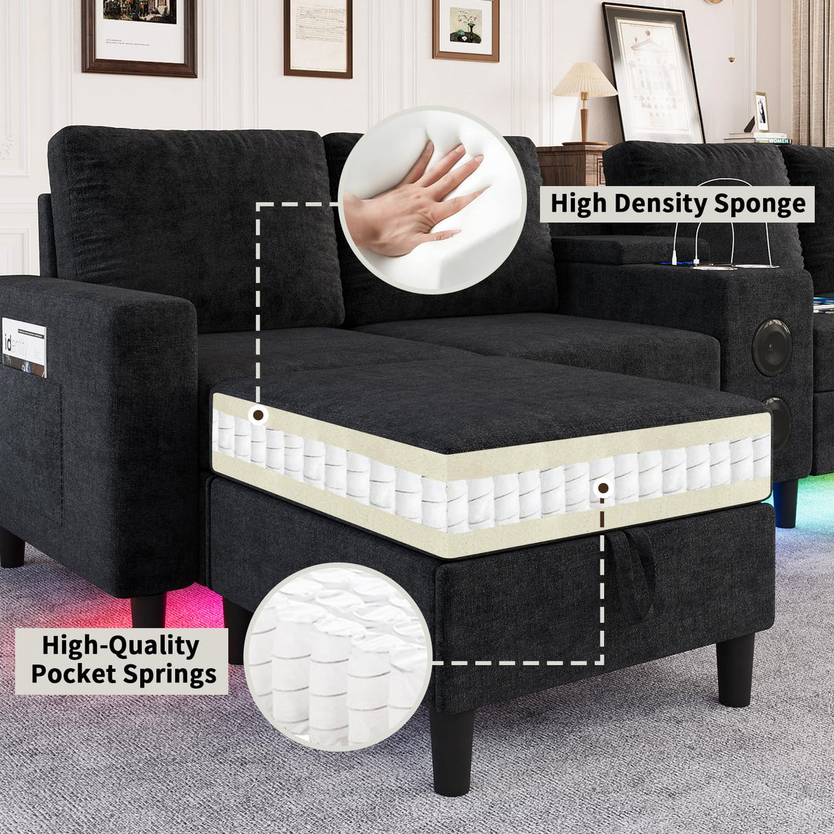 ZSDT Sectional Couches for Living Room, 6 Seat Sectional Sofa Smart Module-Bluetooth Speaker/RGB Light/Charging Station, Chenille U Shaped Couch with 2 Movable Storage Ottomans (Black) ZSDT