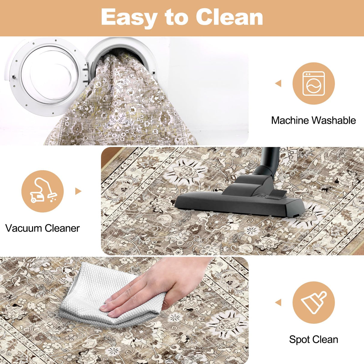 LOKHOM Washable Runner Rug, 2x8 Non-Slip Vintage Hallway Runner Rug with Rubber Backing, Boho Floral Soft Faux Wool Kitchen Runner Rug Carpet Runner for Kitchen Laundry Entryway Bedroom (Beige Brown) LOKHOM