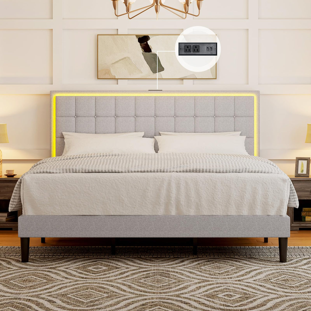 LUXOAK King Size Bed Frame with LED Headboard, Linen Button Tufted Upholstered Platform Bed with USB Charging Station, Strong Wooden Slats Support, No Box Spring Needed, Light Grey LUXOAK