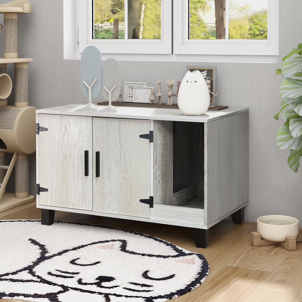 TaoHFE Litter Box Enclosure Cat Litter Box Furniture Hidden With Cat Scratch Pad Decorative Farmhouse Wooden Hidden Litter Box Cat House Litterbox Furniture Cat Box Furniture Litter Box Cabinet (Pine) TaoHFE