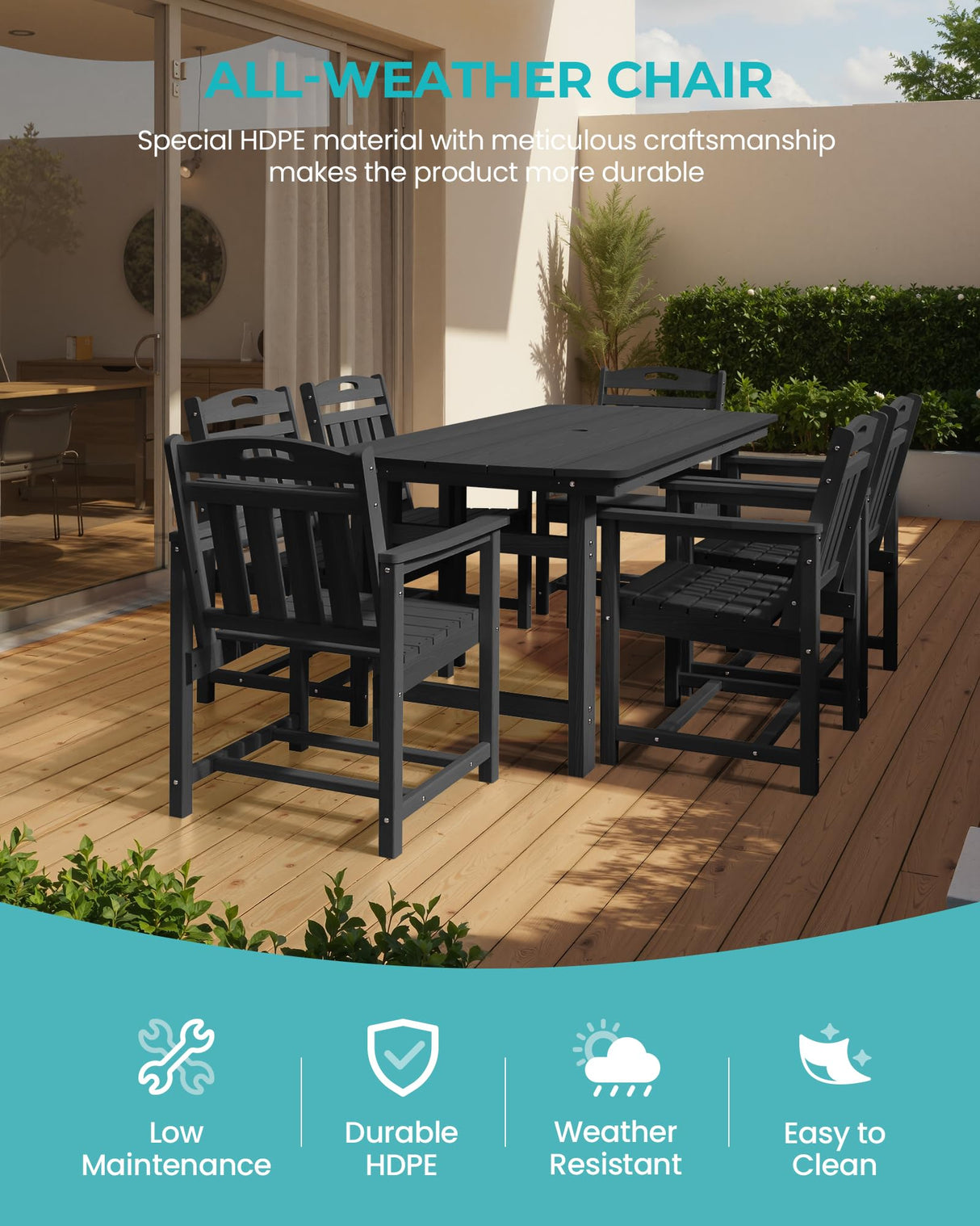 SUUNYN HDPE Outdoor Patio Dining Set with Table & 6 Chairs, All-Weather 7-Piece Outdoor Table and Chairs, 2" Umbrella Hole, Patio Furniture for Garden, Backyard, Deck | Matte Black SUUNYN