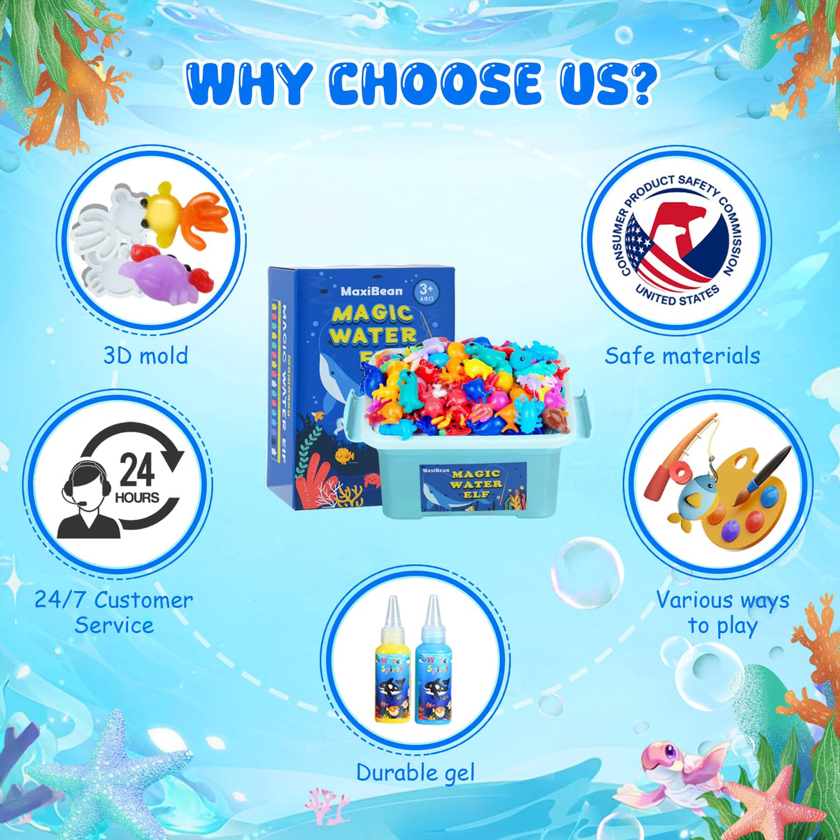 Magic Water Elf Toy Kit,Aqua Fairy Water Gel Kit-16 Magic Gesl&15 Molds-Make Water Pets with Fishing Set - Fun Kids DIY Craft Kit, Birthday Gift & Party Favors for Kids Ages 3+ MaxiBean