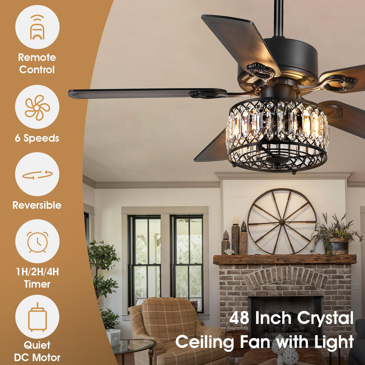Kviflon Farmhouse Ceiling Fans with Lights and Remote, 48 Inch Indoor Chandelier Ceiling Fan with Light, Crystal Fandelier Ceiling Fans for Living Dining Room Bedroom, Wood Blades, Quiet, Black Kviflon