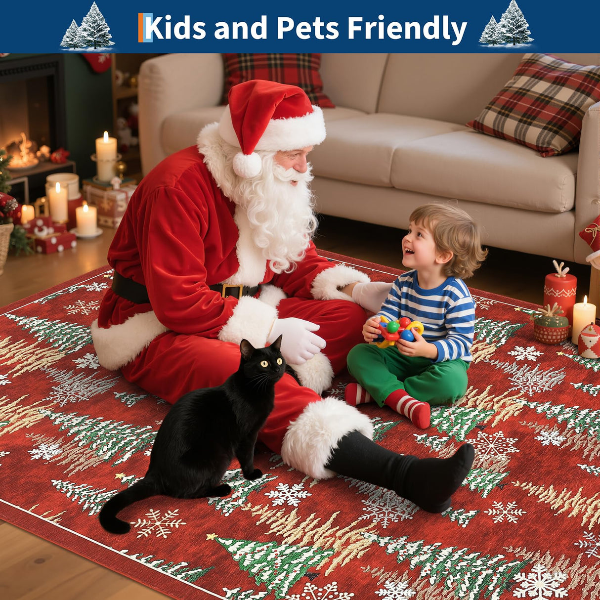 GarveeHome Red 8x10 Christmas Rug Living Room Rug Non Slip Washable Stain Resistant 8x10 Washable Rugs Christmas Tree Snow Print Low Pile Soft Holiday Decor Carpet for Bedroom Laundry Room GarveeHome