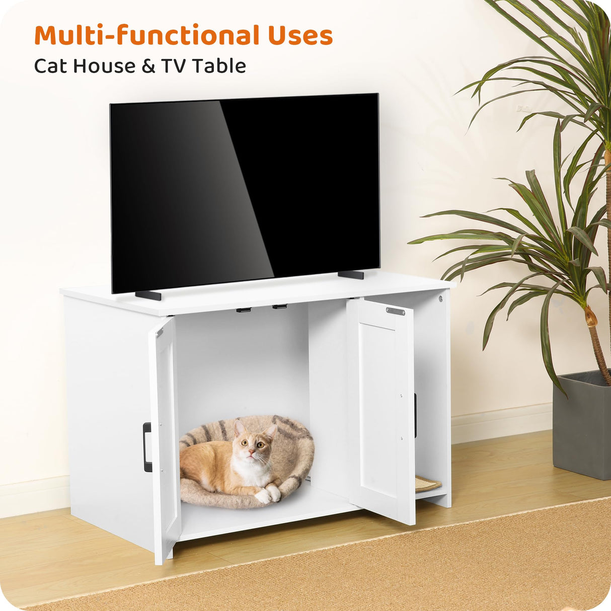 Dwanton Litter Box Enclosure, Cat Litter Box Furniture Hidden, with Scratching Mat, Wooden Cat Washroom Indoor, Fit Most of Litter Box, 31.5" L x 19.7" W x 21.7" H, White Dwanton