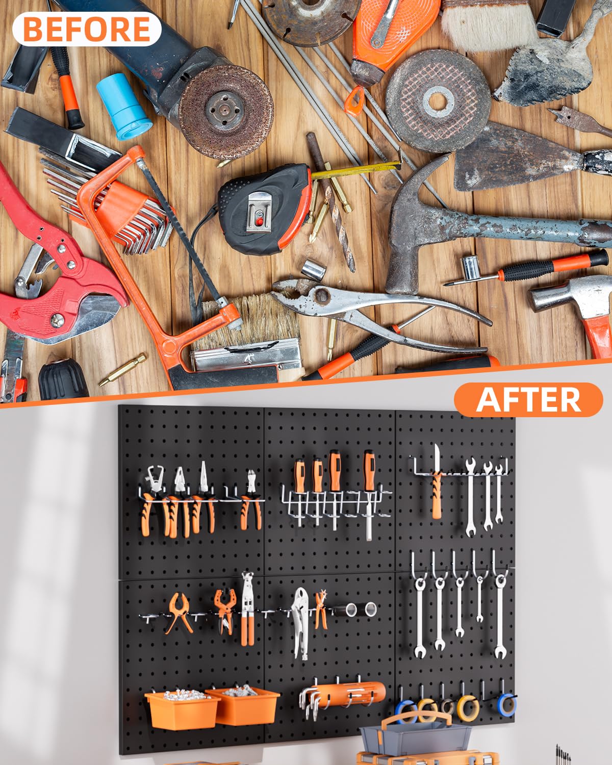 INCLY 6 Pack 12"x12" Black Metal Pegboard Panels, Heavy Duty Pegboard Wall Organizer with Frame, Black Peg Board for Walls, Garage, Workbench, Shed, Kitchen, Craft Room Tool Organization INCLY