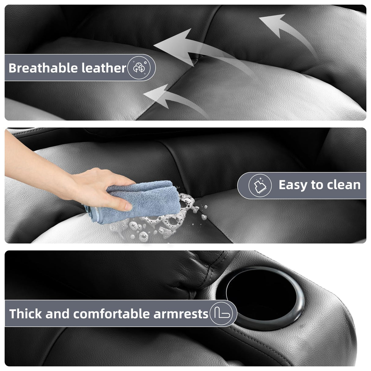 RESTREAL Power Lift Recliner Chair for Elderly, Electric Recliner Chairs for Adults with Massage and Heat, Cup Holders, Remote Control, USB Ports, Side Pockets, Leather (Black) RESTREAL