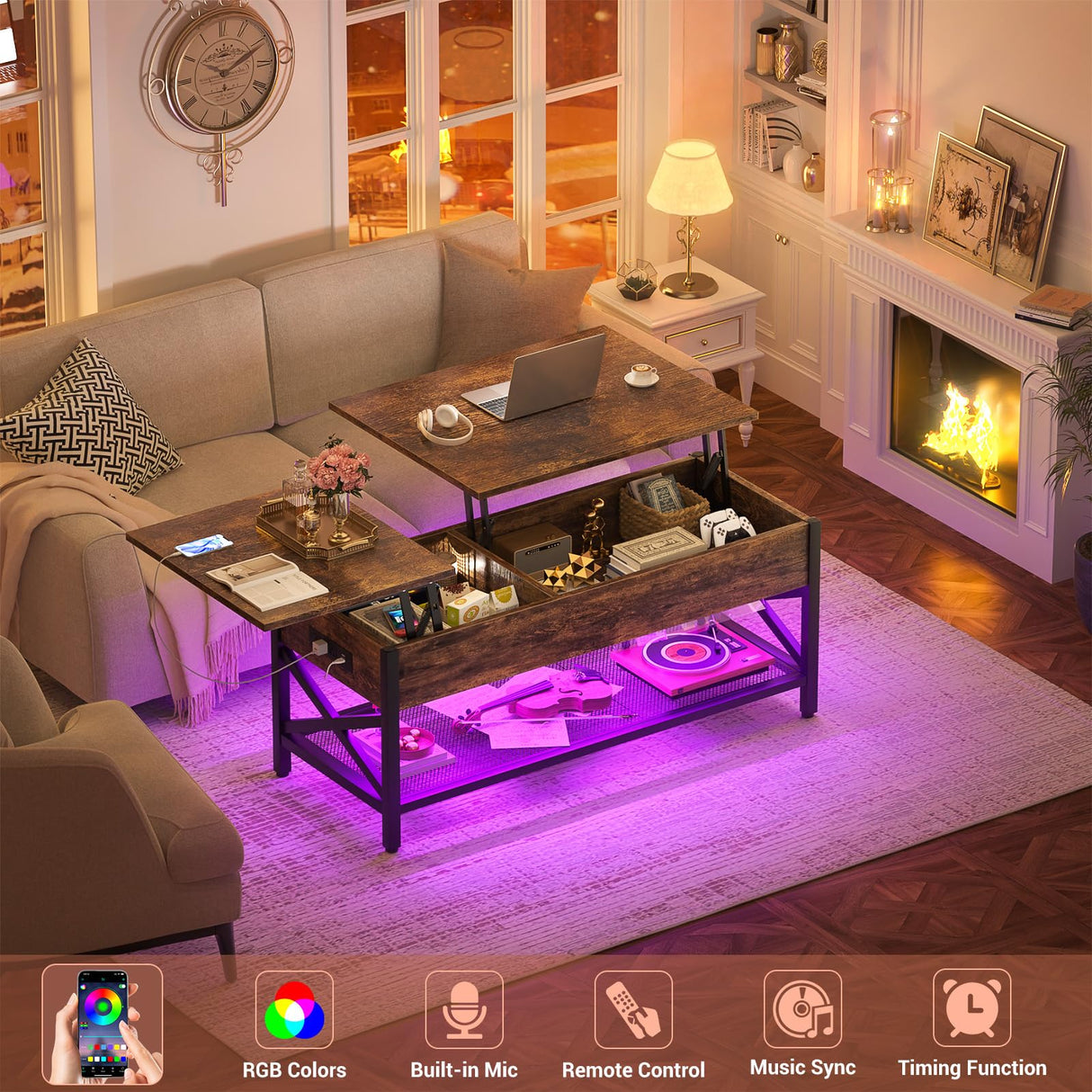 Besiost Coffee Table, Lift Top Coffee Table with Storage, LED Light & Power Outlet and Hidden Compartment, Retro Center Table for Living Room, X Support Wood Tabletop, Metal Frame, Rustic Brown Besiost