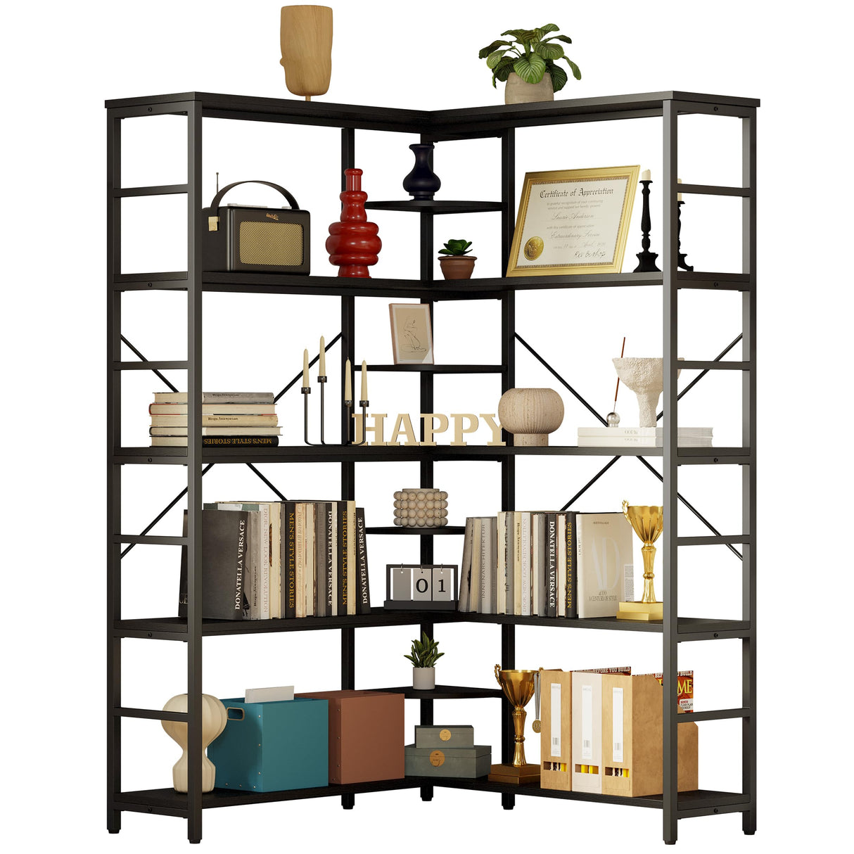 IRONCK Industrial Bookcases and Bookshelves, 5-Tiers Corner Bookcase with Curved Panels, L Shaped Shelf with Metal Frame for Open Storage for Living Room Home Office, Black IRONCK