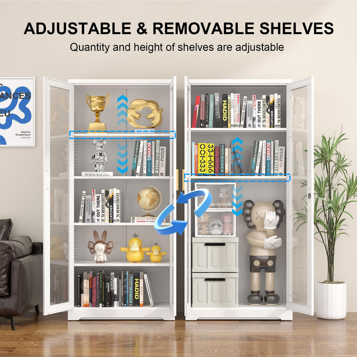 Polup Display Cabinet with Glass Doors, Metal Curio Cabinets with Lock and Shelves, 71''Tall Display Case for Living & Dining Room, Bookcase for Home, Clinic, School (White)- Assemble Required Polup