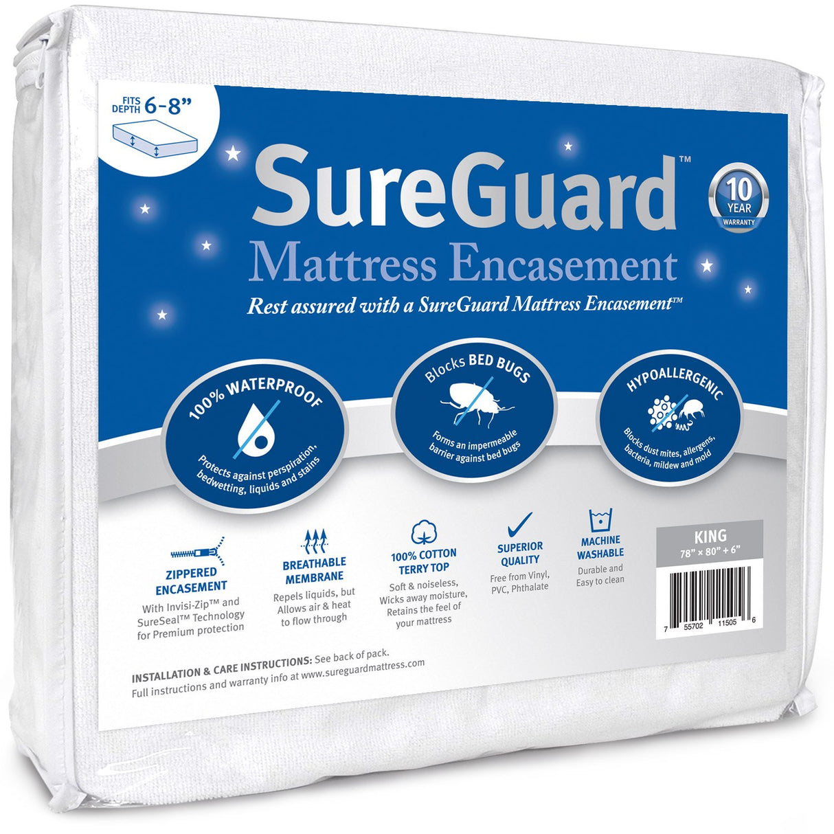 King (6-8 in. Deep) SureGuard Mattress Encasement - 100% Waterproof, Bed Bug Proof, Hypoallergenic - Premium Zippered Six-Sided Cover SureGuard Mattress Protectors