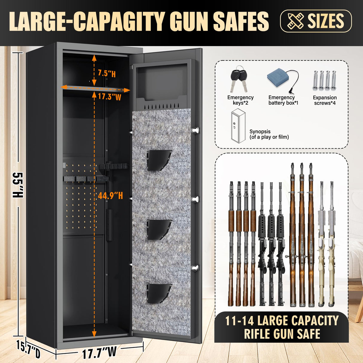 Metallitrend 10-15 Large Gun Safe Cabinet with 3 Pistol Pouches,Rifle Gun Safes for Home Fireproof Waterproof Adjustable Rack and Biometric Lock,Heavy-Duty Gun Safes for Rifles and Shotguns Money Metallitrend