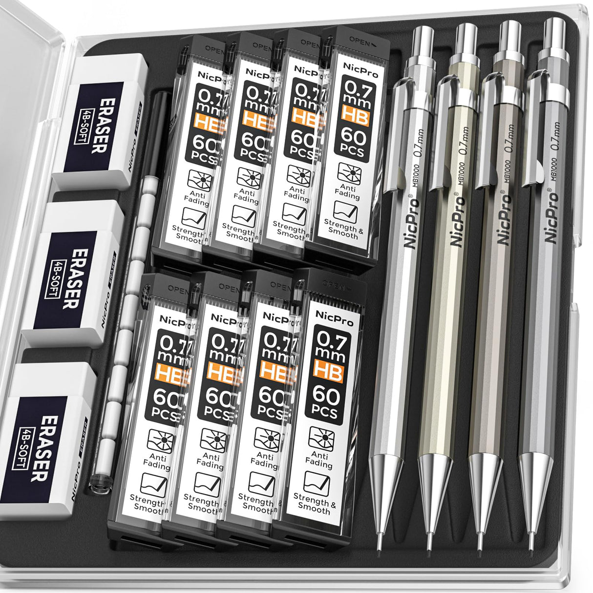 Nicpro 4 Pack Mechanical Pencil 0.7mm with Case, MB1000 Metal Mechanical Pencil Set with 8 Tube HB #2 Lead Refill 0.7 mm, 3PCS 4B Eraser, 9 Cap Eraser for Artist Drafting Writing, Sketching, Drawing Nicpro