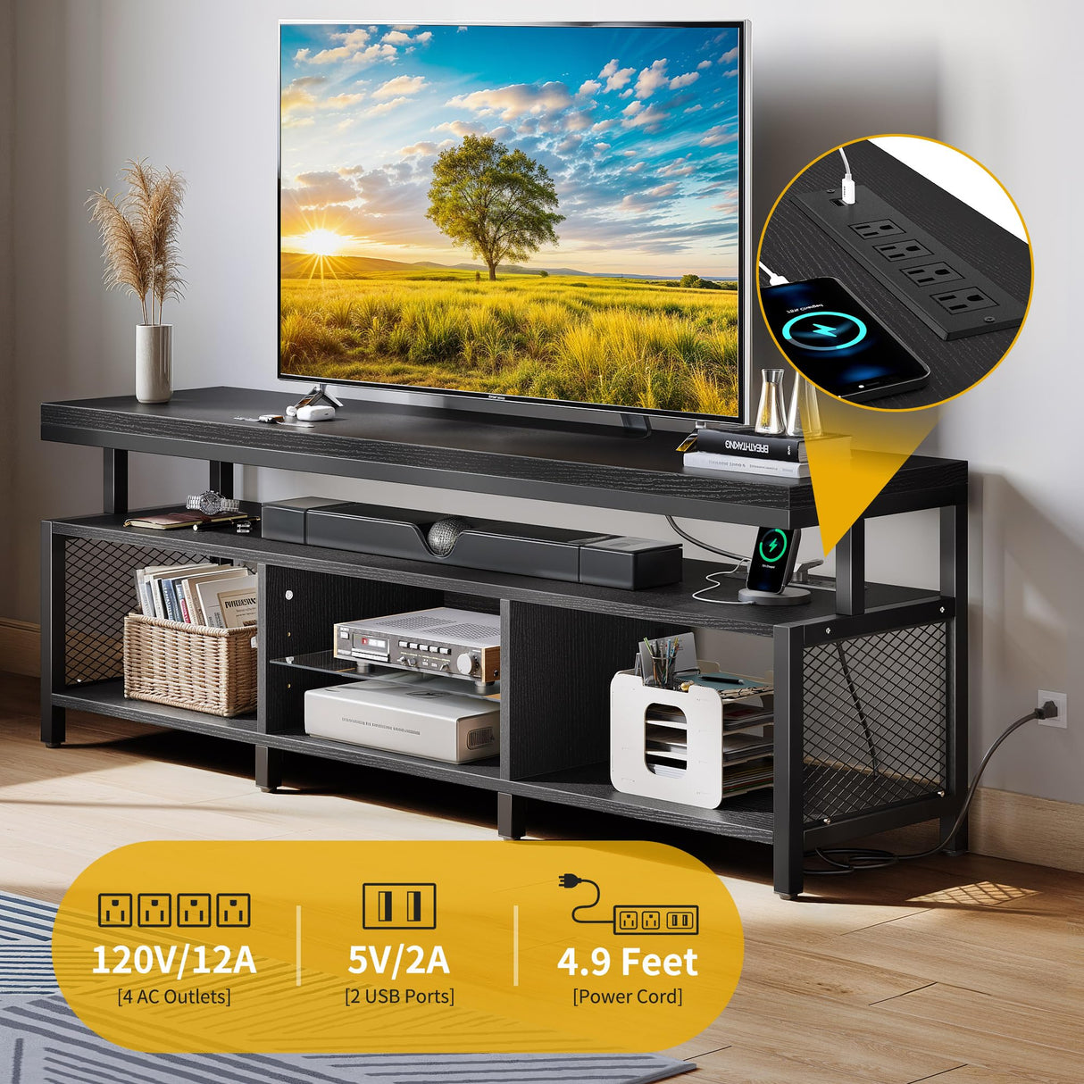 DWVO Living Room TV Stands for 70/65 inch TV LED Entertainment Center with Storage, Modern Television Stand, Industrial Media Console Cabinet with Power Outlets, Black DWVO