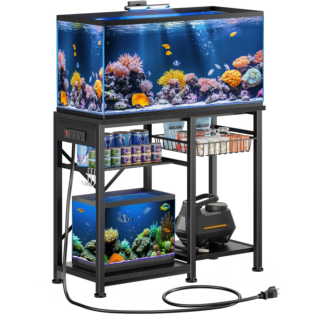 20-29 Gallon Aquarium Stand with 6 ft Power Strip, 5-Tier Metal Frame Fish Tank Stand 20 Gallon Fish Tank Stand 31.5" L*15.75" W Tabletop 400lbs Capacity (Pure Black, 20-29 Gallon) Kalrin