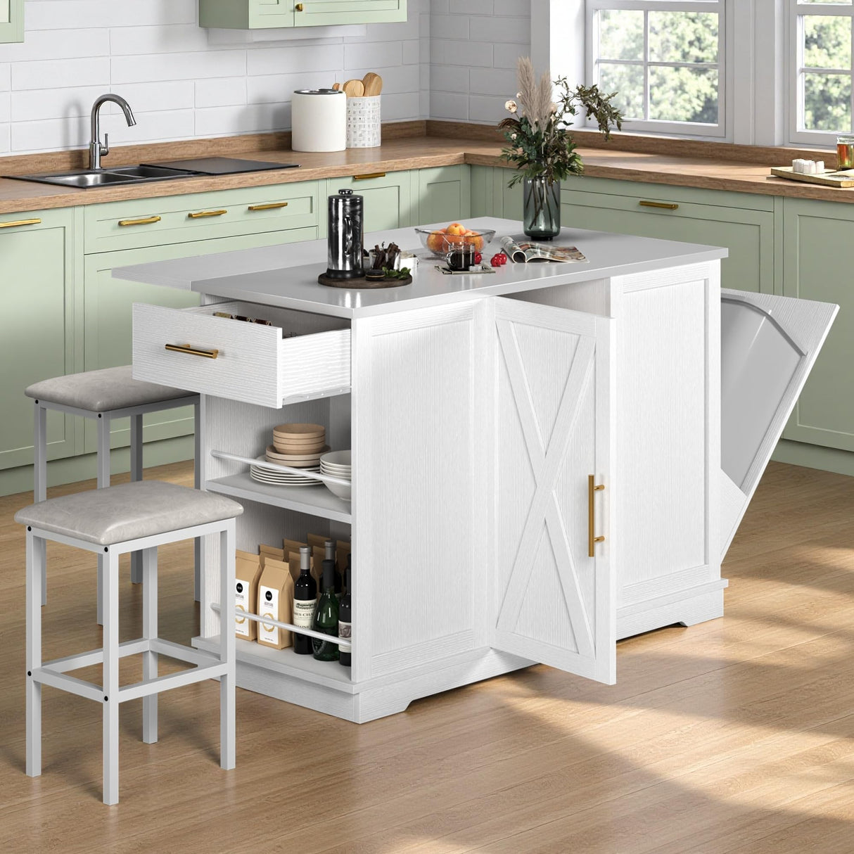 YITAHOME Kitchen Islands with Seating, 47" Mobile Storage Island with Drop Leaf, Rolling Island Table with Tilt Out Trash Can Cabinet, Home Bar Table Include 2 Chairs, Side Spice Rack & Drawer, White YITAHOME