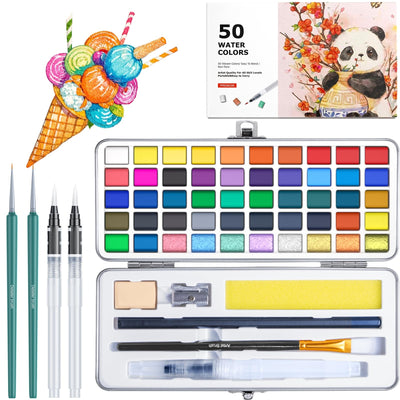 botkc Watercolor Paint Set, Portable Travel Water Color Kit with 6 Brushes, 8 Watercolor papers, Palette and Accessories, Non-Toxic Art Supplies Gift for Kids, Adults, Artists and Hobbyists