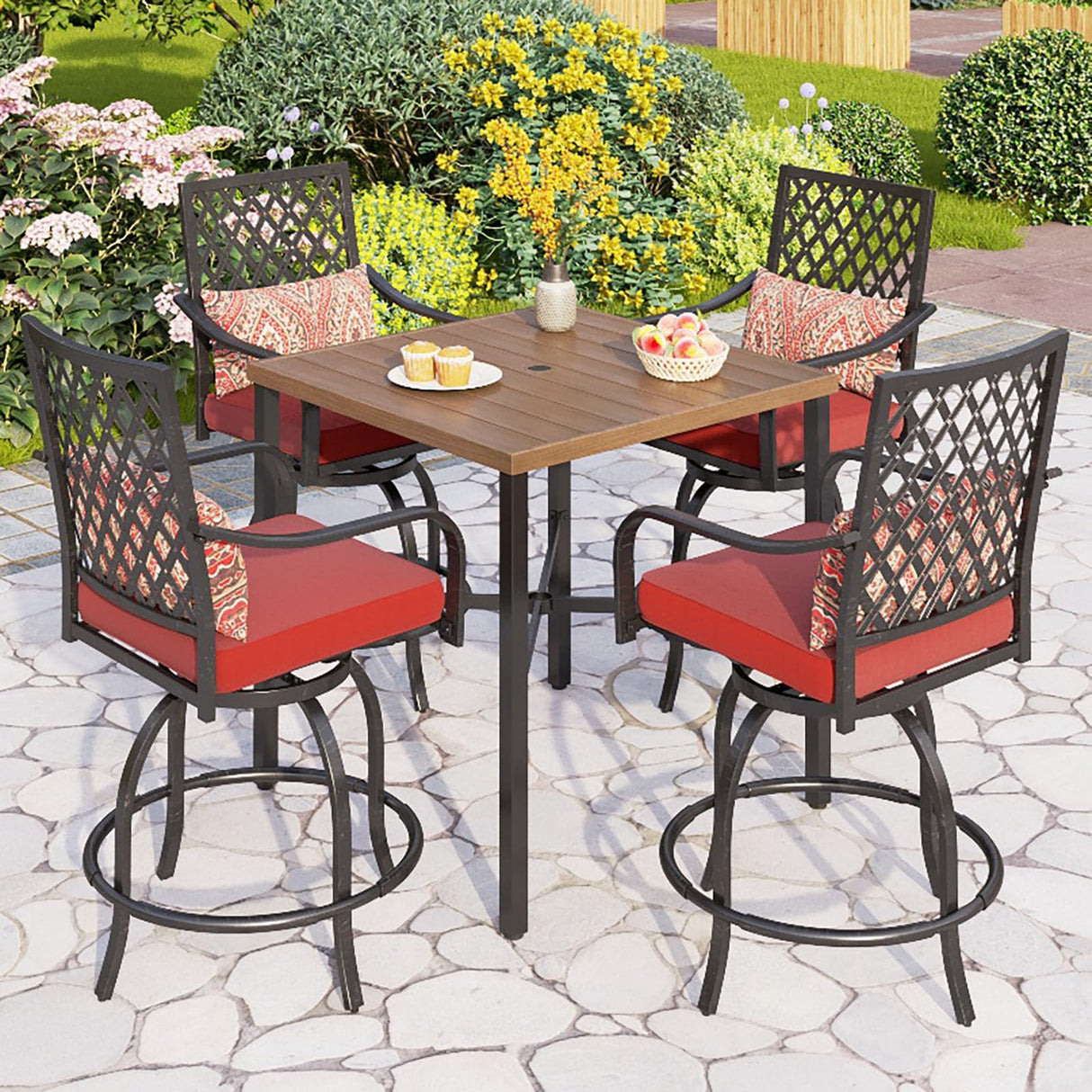 PHI VILLA 5 pcs Outdoor Bar Set, Outdoor Swivel Bar Stool with Red Seat Cushion and Lumbar Support,Extra Large Metal Bar Table with Umbrella Hole for Poolside Garden PHI VILLA