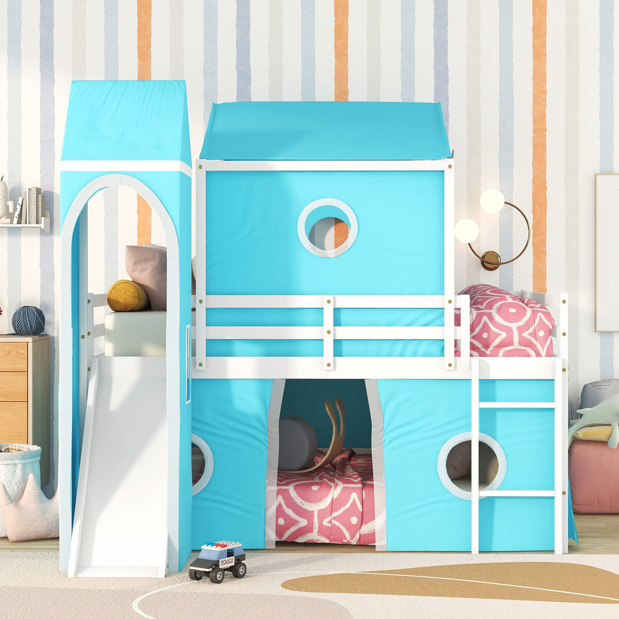 Harper & Bright Designs Blue Full Size Loft Bed with Slide, Curtains, and Tower - Solid Wood Low Loft Frame for Kids Harper & Bright Designs