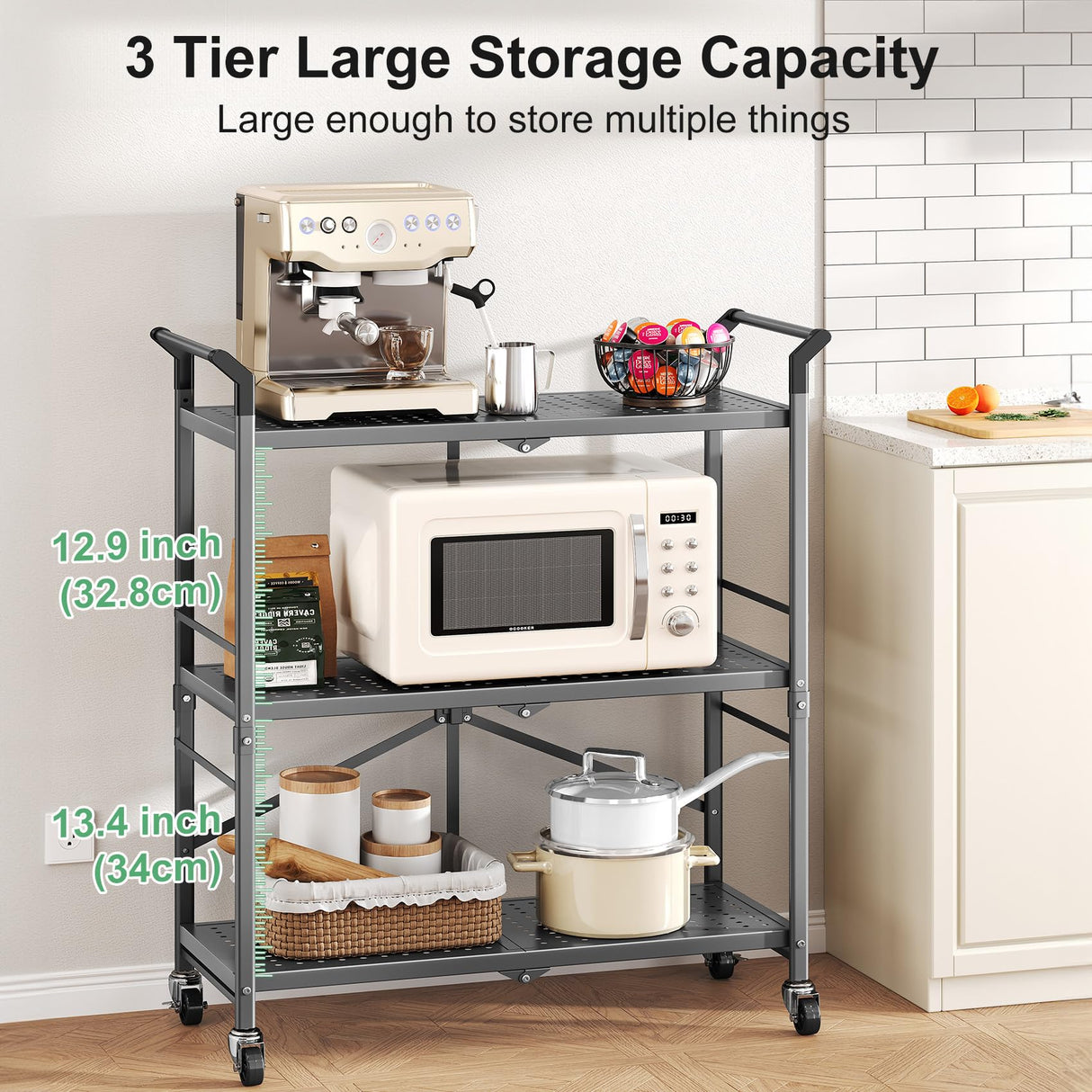 HKWOTINHA Folding Rolling Cart with Wheels - 3 Tier Collapsible Utility Cart, Metal Service Cart (Large) HKWOTINHA