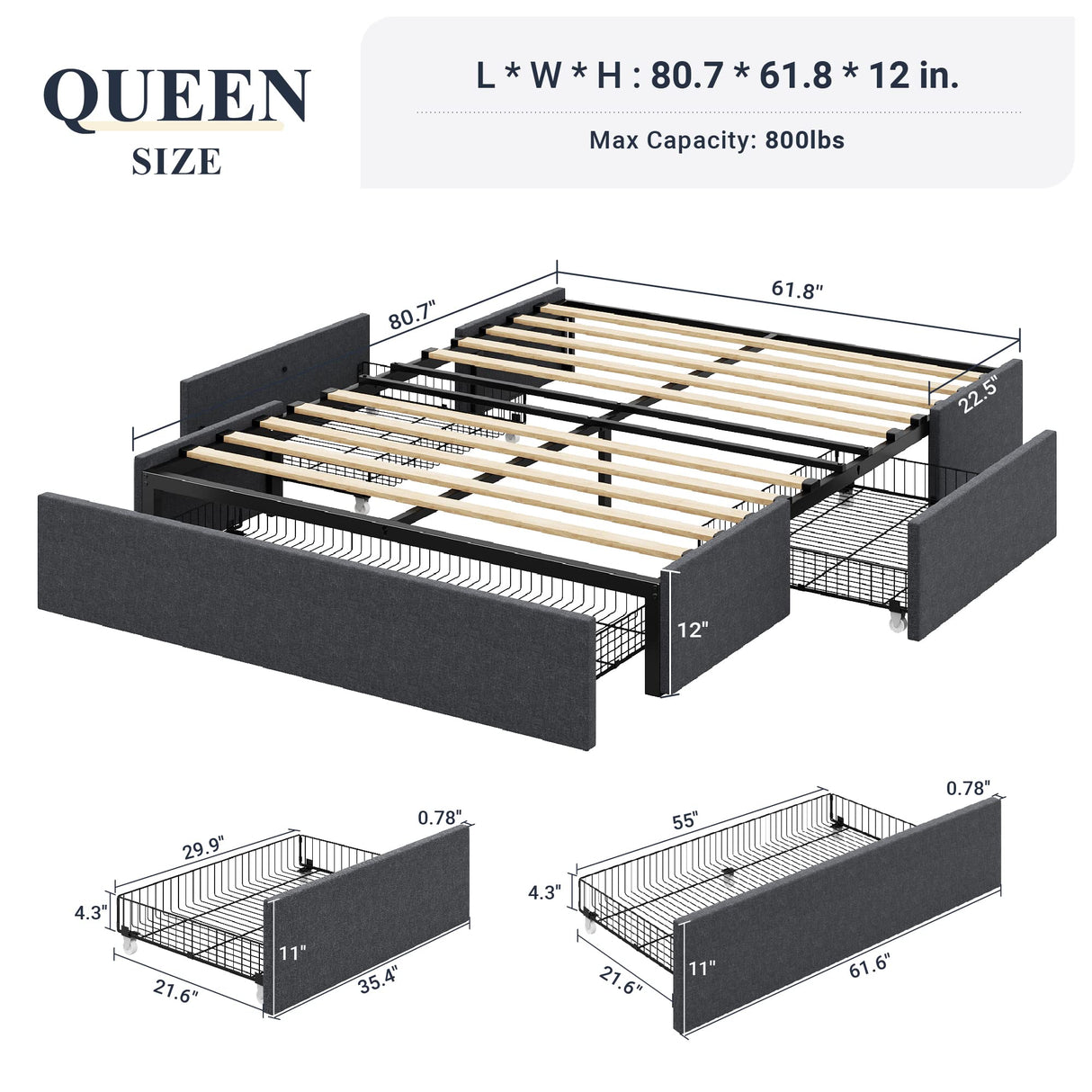 Allewie Queen Size Platform Bed Frame with 3 Drawers - Modern Grey Upholstered Design, No Box Spring Required Allewie