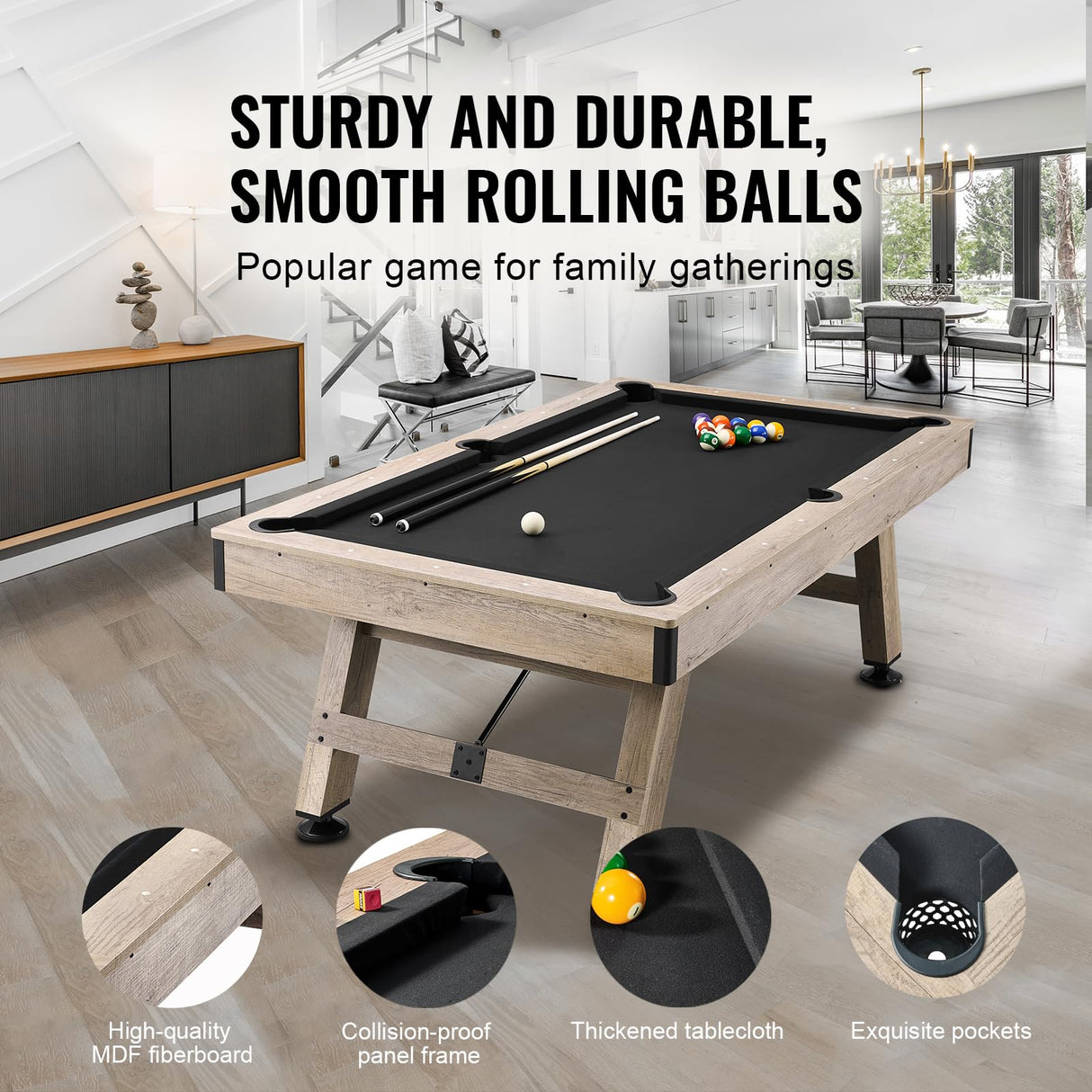 VEVOR Billiards Table, 7 ft Pool Table, Adjust Legs Stable Billiards Table, Pool Table Set Includes Balls, Cues, Chalks and Brush, Wood Color with Black Cloth, Perfect for Family Game Room Kids Adults VEVOR