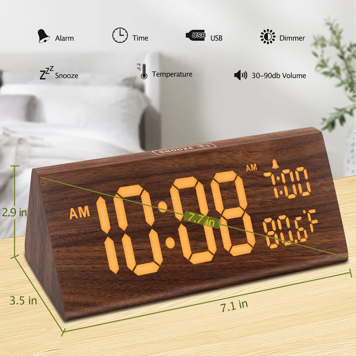 DreamSky Wooden Digital Alarm Clock for Bedroom - 7.7" Electric Clocks with USB Port, Large Numbers, Temperature, 0-100% Brightness Dimmer, Adjustable Alarm Volume, Snooze, 12/24H DreamSky