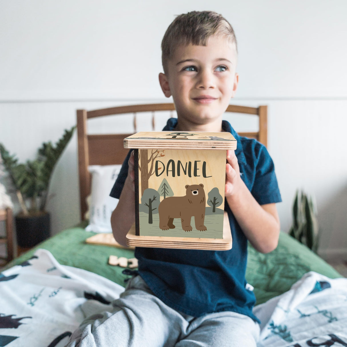 Wooden Piggy Bank for Kids and Adults, Personalized Gift Handmade in USA by BloomOwl, Custom Piggy Bank, Personalized Banks for Kids, Gifts for Baby Boys and Girls (Woodland) BloomOwl