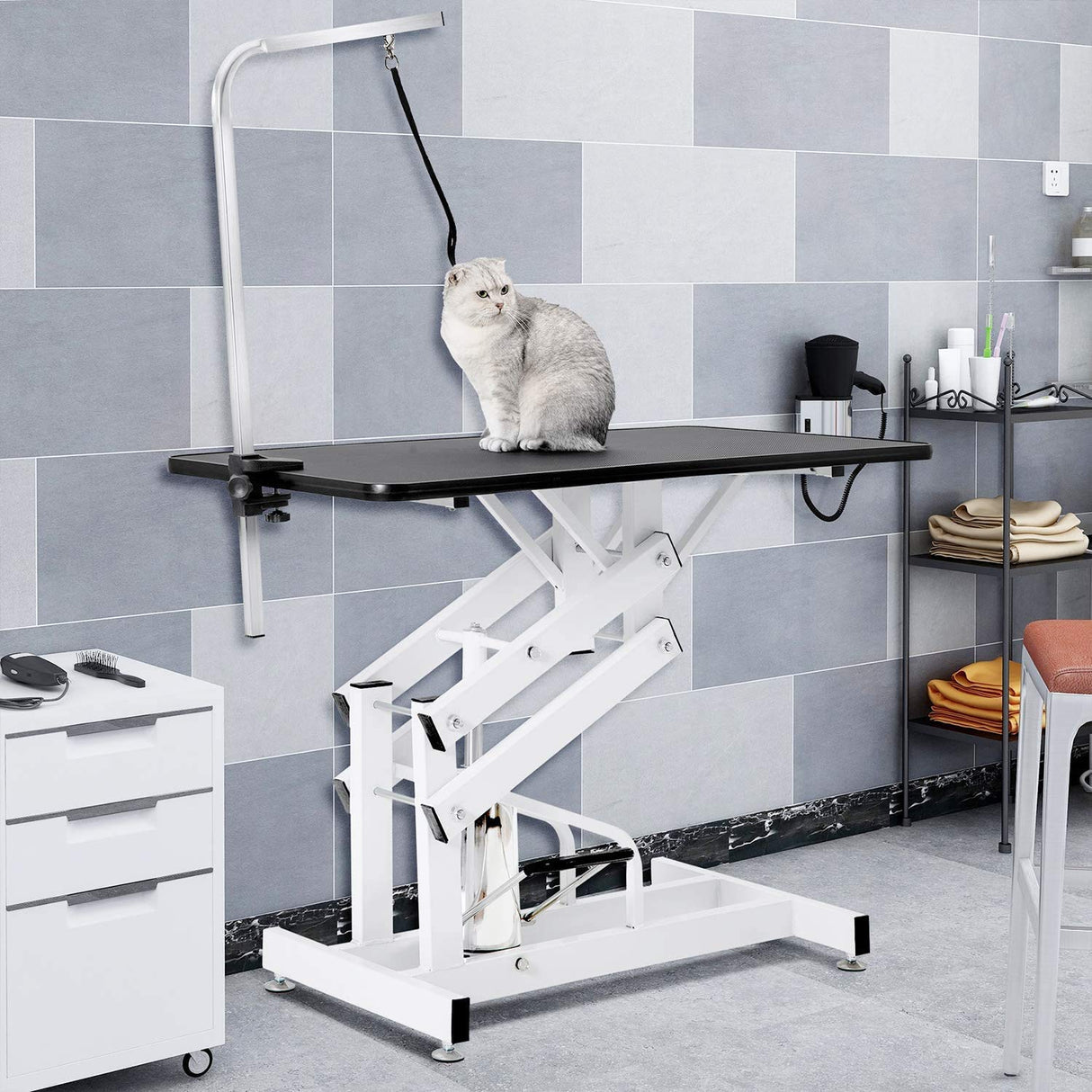 petgroomingtable 42.5 Inch Hydraulic Pet Dog Grooming Table Drying Table Heavy Duty Stainless Steel Frame with Adjustable Arm and Noose 330 lbs Capacity Height Range 21-36 Inch petgroomingtable