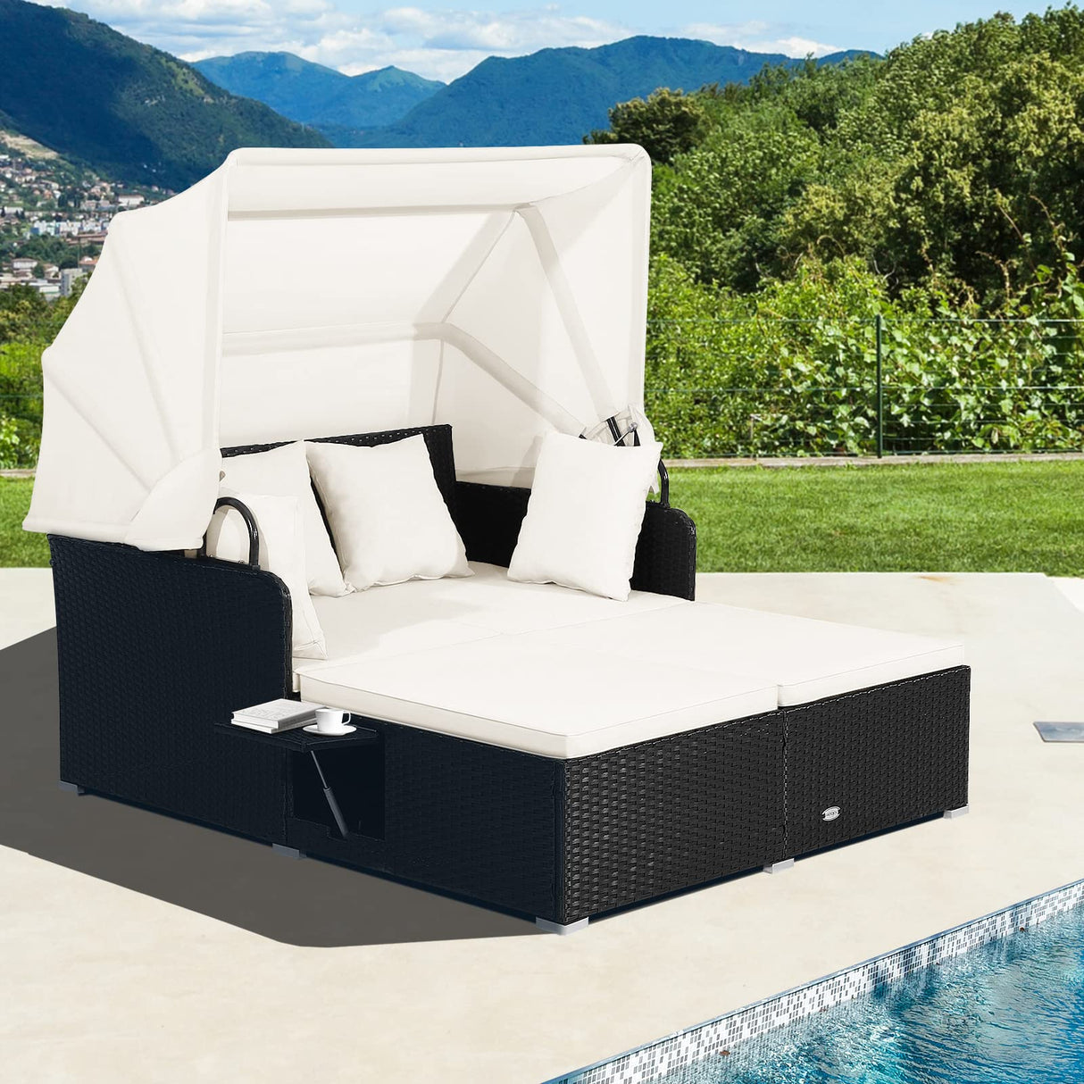 Tangkula Patio Rattan Daybed, Patiojoy Wicker Daybed Lounger w/Retractable Canopy, 2 Foldable Side Panels, Thick Seat & Back Cushions, for Garden, Backyard, Porch (Off White) Tangkula