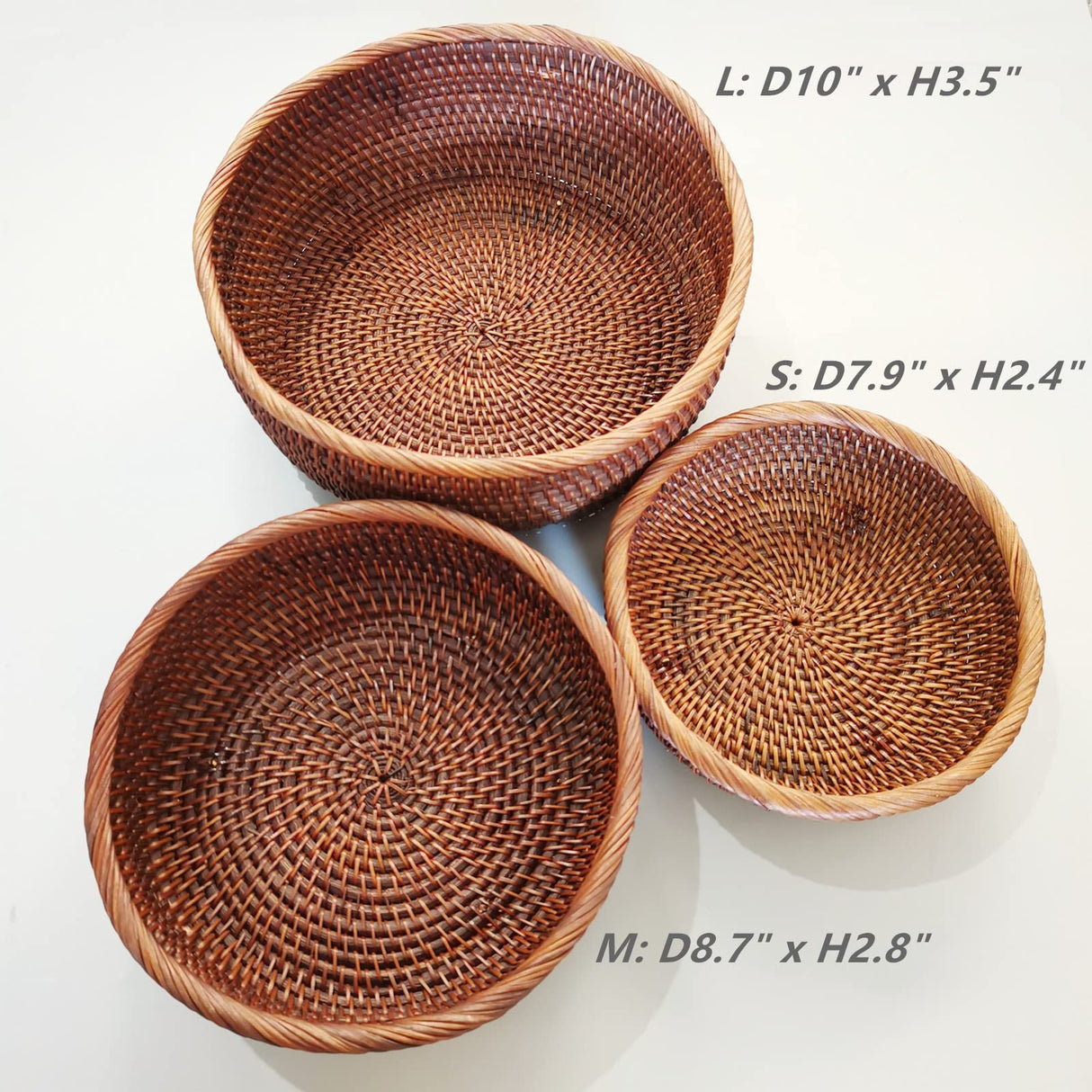 AMOLOLO 10 Inch Round Rattan Bowl Basket, Handmade Wicker Basket Tray with Scalloped Edge and 4”Deep Wall, Decorative Woven Dark Brown Bread Basket Fruit Bowl Key Holder Table Centerpiece, L amololo