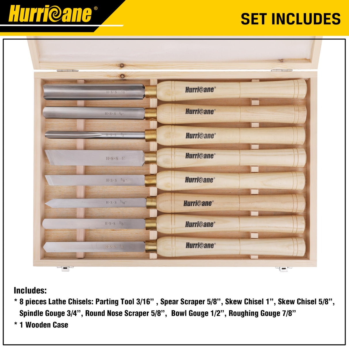 HURRICANE Wood Lathe Chisel Set, 8pc HSS Wood Lathe Turning Tools, Woodworking Lathe Tools with Wooden Box HURRICANE