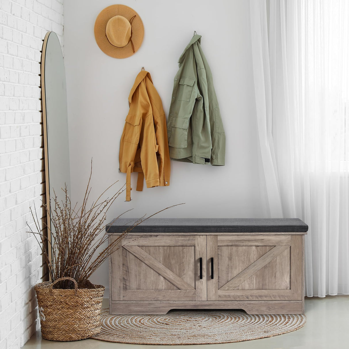 HOMSHO 2-Tier Storage Bench, Shoe Bench with Padded Seat Cushion, Entryway Bench with 2 Barn Doors, Adjustable Shelf, 13.8" D x 39.4" W x 17.7" H, for Entryway, Living Room, Bedroom, Greige HOMSHO